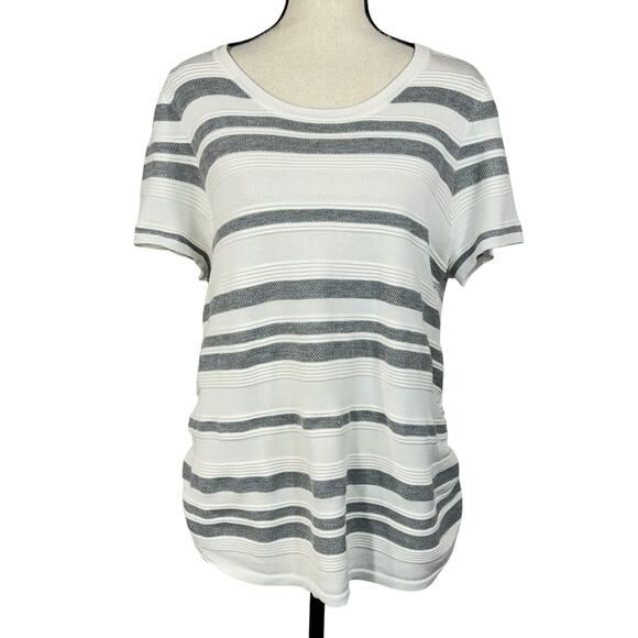 Lane Bryant SZ 14/16 Sweater Top Striped Cap Sleeve Round Neck Ruched Side White - Picture 1 of 9